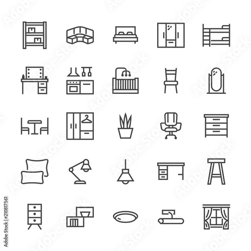 Furniture vector flat line icons. Living room, bedroom, baby crib, kitchen corner sofa, nursery dining table, pillows, home lighting, window. Thin signs collection interior store. Pixel perfect 48x48.