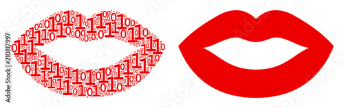 Sexy lips collage icon of binary digits in various sizes. Vector digital symbols are formed into sexy lips mosaic design concept.