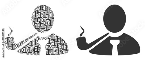 Smoking detective composition icon of binary digits in random sizes. Vector digit symbols are combined into smoking detective illustration design concept.