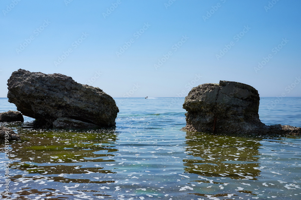 Fototapeta premium Bunker ruins near the Baltic Sea beach, part of the old fortress in the former Soviet Union base