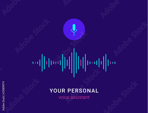 Personal assistant and voice recognition concept flat vector illustration of sound symbol intelligent technologies. Microphone button with bright voice and sound imitation lines