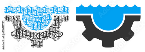 Water service gear collage icon of binary digits in random sizes. Vector digit symbols are formed into water service gear composition design concept.