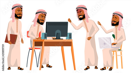 Arab Man Office Worker Vector. Saudi, Emirates, Qatar, Uae. Business Set. Facial Emotions, Gestures. Businessman Person. Front, Side View. Smiling Executive, Servant, Workman, Officer. Illustration