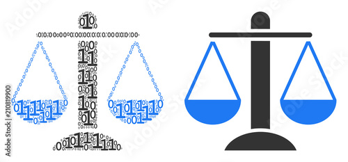 Weight scales collage icon of binary digits in different sizes. Vector digit symbols are organized into weight scales composition design concept.