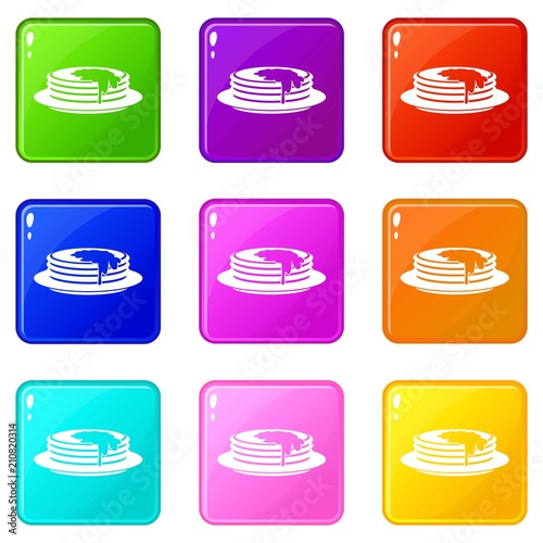 Pancakes icons of 9 color set isolated vector illustration