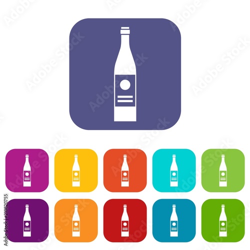 Wine bottle icons set vector illustration in flat style in colors red, blue, green, and other