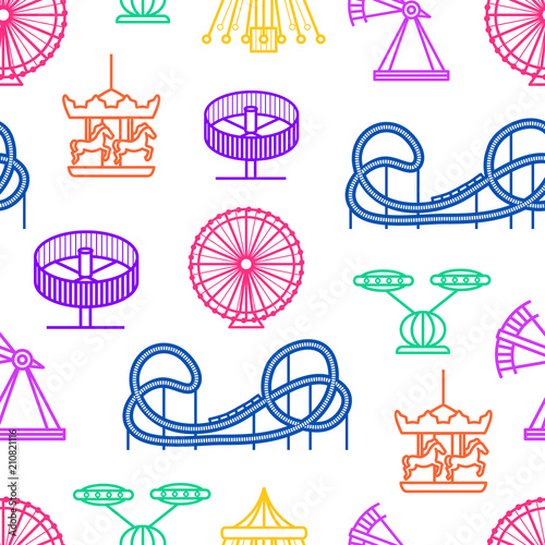 Cartoon Silhouette Amusement Park Seamless Pattern Background. Vector