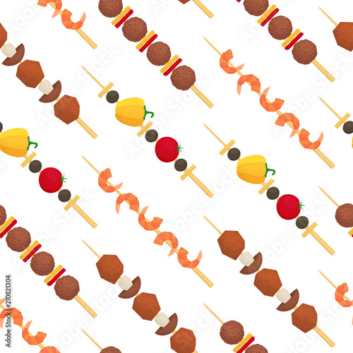 Cartoon Color Kebab on Wooden Skewers Seamless Pattern Background. Vector