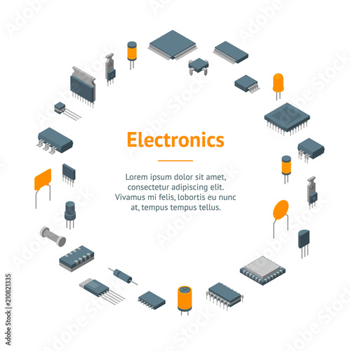 Microchip Computer Electronic Components Banner Card Circle Isometric View. Vector