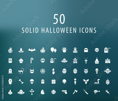 Set of 50 Universal Solid Halloween Icons on Dark Background . Isolated Elements