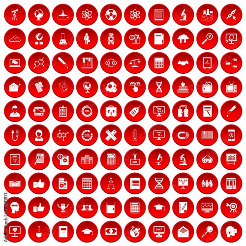 100 analytics icons set in red circle isolated on white vector illustration