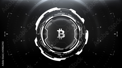Bitcoin Cryptocurrency Futuristic Sci-Fi Technology Circular HUD Background Illustration. Worldwide Digital Money Blockchain System