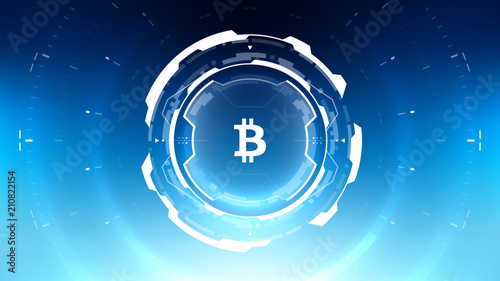 Bitcoin Cryptocurrency Futuristic Sci-Fi Technology Circular HUD Background Illustration. Worldwide Digital Money Blockchain System