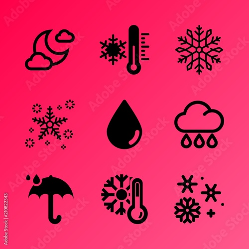 Vector icon set about weather with 9 icons related to glow, white, year, snow, droplets, minus, scale, crystal, drop and shine