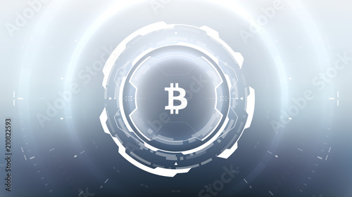 Bitcoin Cryptocurrency Futuristic Sci-Fi Technology Circular HUD Background Illustration. Worldwide Digital Money Blockchain System