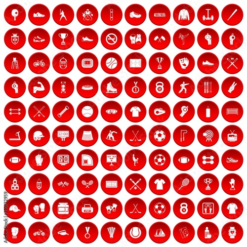 100 athlete icons set in red circle isolated on white vector illustration