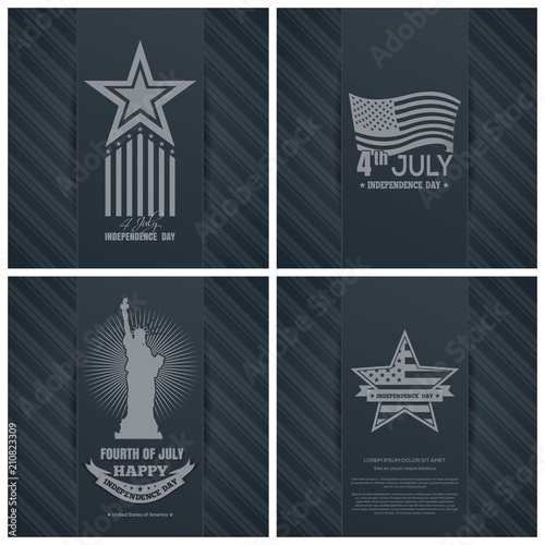 Greeting cards set for the United States Independence Day. 4th of July. Fourth of July. Holiday backgrounds collection for US Independence Day. Happy Independence Day. Vector illustration