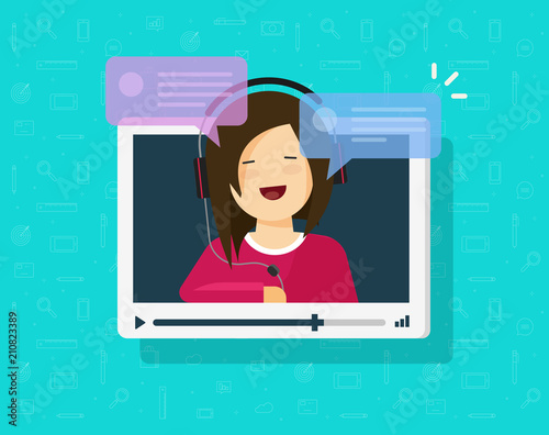 Video chatting online vector illustration, flat cartoon video player window with speaking happy girl and bubble speeches messages, concept of on-line chat app, internet talk call