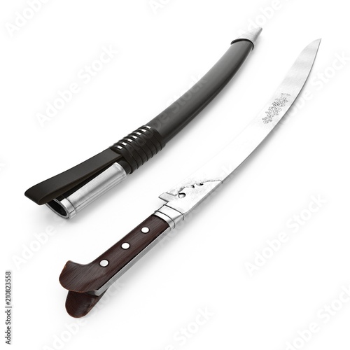 Turkish Yatagan Sword with Sheath on white. 3D illustration