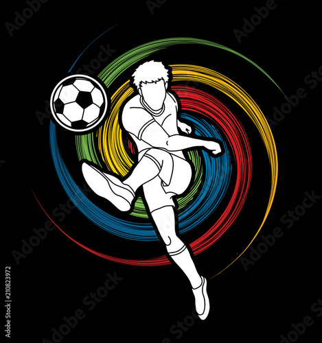 Soccer player shooting a ball action designed on spin wheel graphic vector