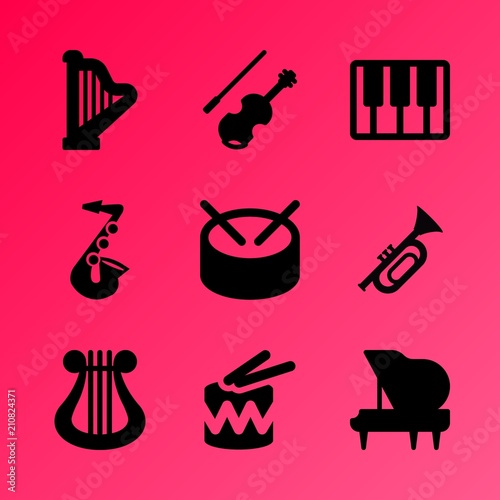 Vector icon set about music instruments with 9 icons related to concert, design, festival, sheet, element, gusli, shape, play, harp and graphic