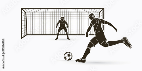 Soccer player kicking ball with Goalkeeper standing action graphic vector.