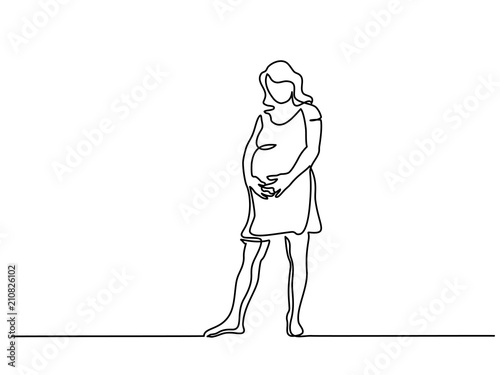 Continuous line drawing. Happy pregnant woman, silhouette picture. Vector illustration
