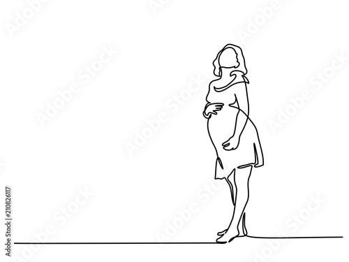 Continuous line drawing. Happy pregnant woman, silhouette picture. Vector illustration