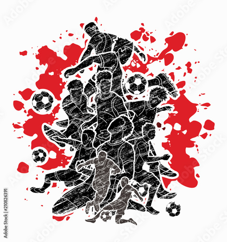 Soccer team composition, soccer player action designed on splatter color background graphic vector