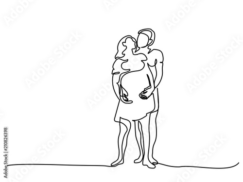 Continuous line drawing. Happy pregnant woman walking with her husband, silhouette picture. Vector illustration