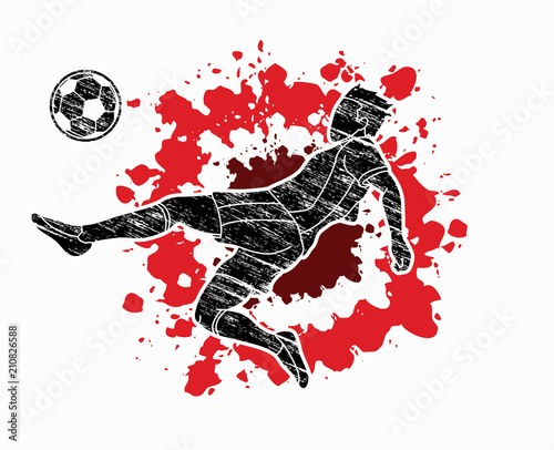 Soccer player somersault kick , overhead kick action designed on splatter color background graphic vector
