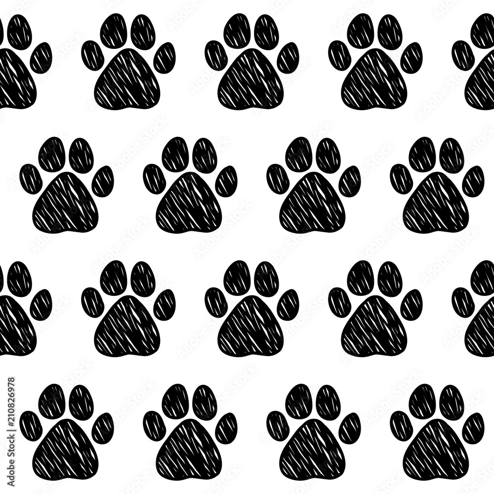 Doodle dog paw seamless pattern background. Abstract dog paw track swatch for card, invitation, veterinarian clinic poster, textile, bag print, modern workshop advertising etc. Doodle dog paw seamless pattern background. Abstract dog paw track swatch for card, invitation, veterinarian clinic poster, textile, bag print, modern workshop advertising etc.