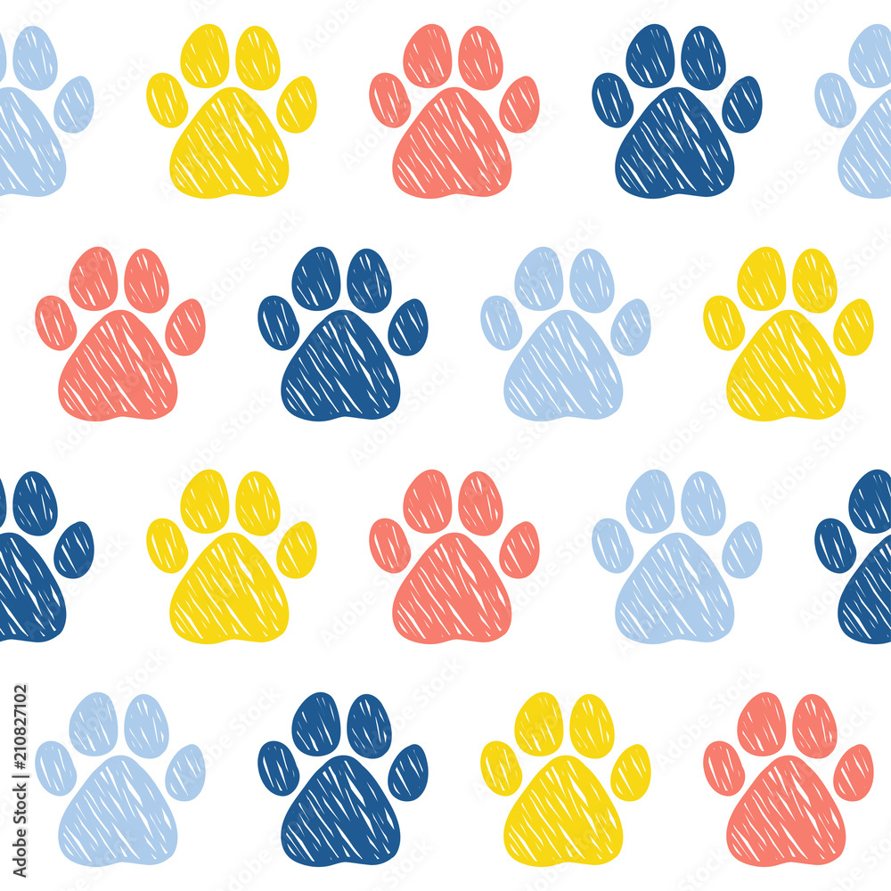 Doodle dog paw seamless pattern background. Abstract dog paw track swatch for card, invitation, veterinarian clinic poster, textile, bag print, modern workshop advertising etc. Doodle dog paw seamless pattern background. Abstract dog paw track swatch for card, invitation, veterinarian clinic poster, textile, bag print, modern workshop advertising etc.