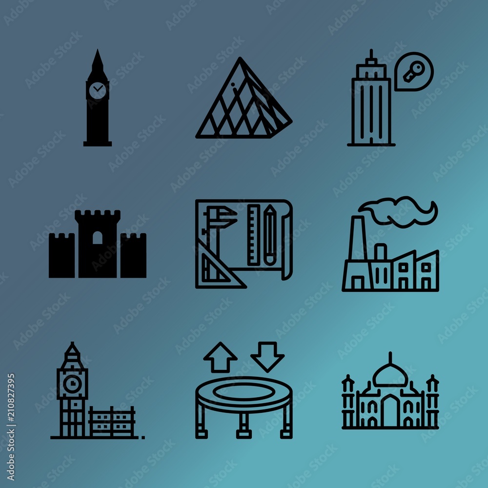 Vector icon set about building with 9 icons related to machinery, industrial, field, united, detail, panorama, industry, forest, manufactory and mahal