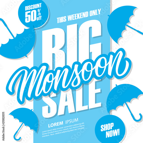 Big Monsoon Sale special offer banner with hand drawn lettering and umbrellas for monsoon seasonal shopping, promotion and advertising. Vector illustration.