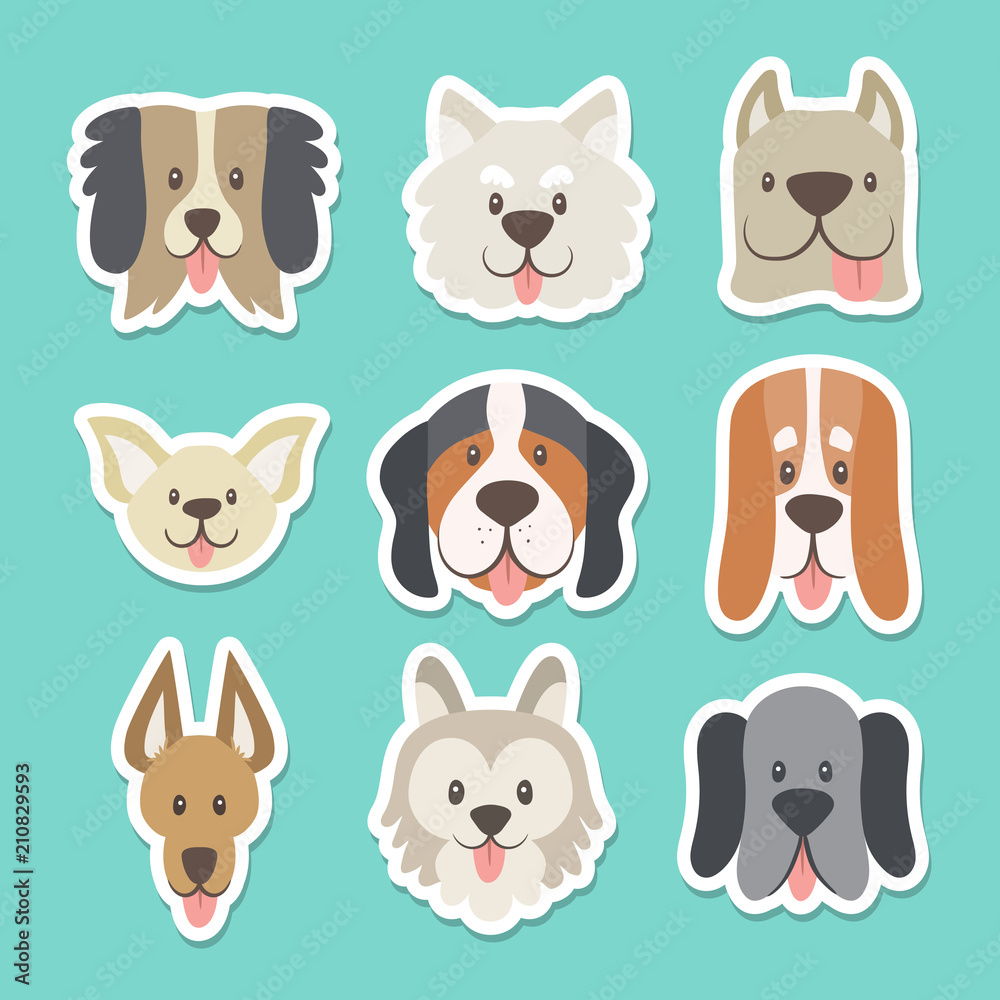 Cute sticker collection with different heads of dogs in cartoon style. Vector illustration.
