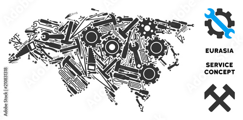 Repair workshop Eurasia map mosaic of instruments. Abstract geographic plan in grey color. Vector Eurasia map is constructed with cogwheels, screwdrivers and other technical items.