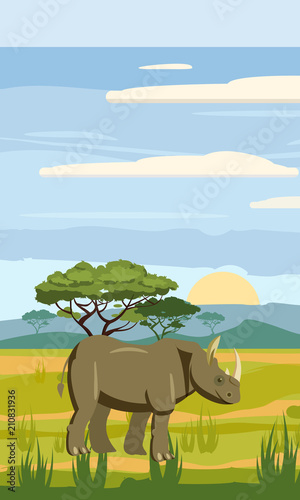 Cute cartoon rhiniceros on background landscape savannah Africa illustration, vector, isolated photo