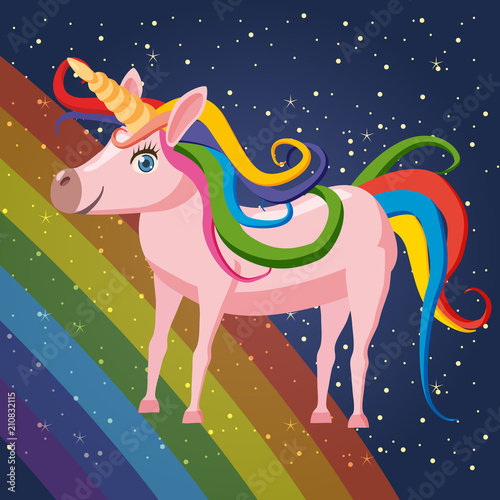 Cute cartoon unicorn on background space rainbow illustration, vector, isolated