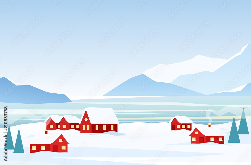 Vector illustration of winter landscape with red houses on the frozen seaside, snow mountains on the background. Arctic landscape in flat cartoon style.
