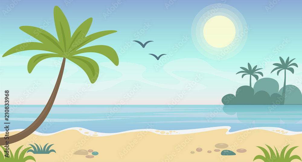 Vector illustration of beautiful seaside tropical landscape. Summer concept with beach and palm trees, blue water, flat cartoon style.