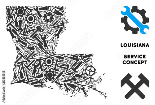 Service Louisiana State map composition of instruments. Abstract territorial scheme in grey color. Vector Louisiana State map is formed of gears, spanners and other machinery items.