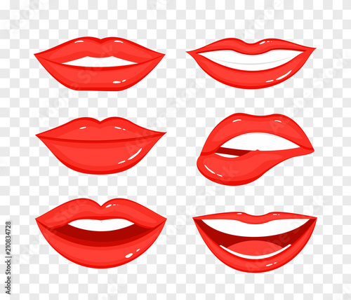 Vector illustration collection of red lips on transparent background. Beautiful women mouth in different positions in flat cartoon style.