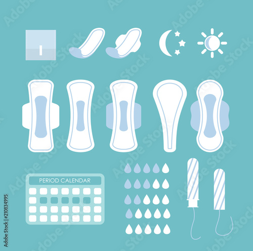 Vector illustration set of women s hygiene pads, tampons and other hygiene products and infographic elements on the blue background in flat cartoon style.