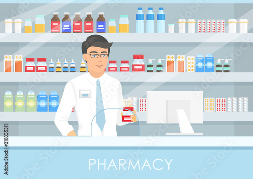 Vector illustration of a handsome male pharmacist at a pharmacy counter. a pharmacist, a shelf of medicine, capsules and bottle of drugs. Paid medical concept of health care.