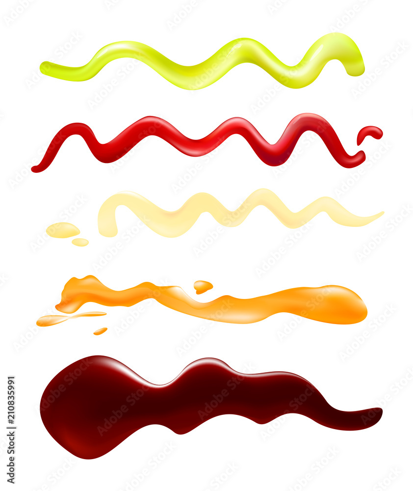 Vector illustration set of depicting strips of different sauce, soy sauce, honey and mustard, wasabi, mayonnaise and ketchup spots on white background.