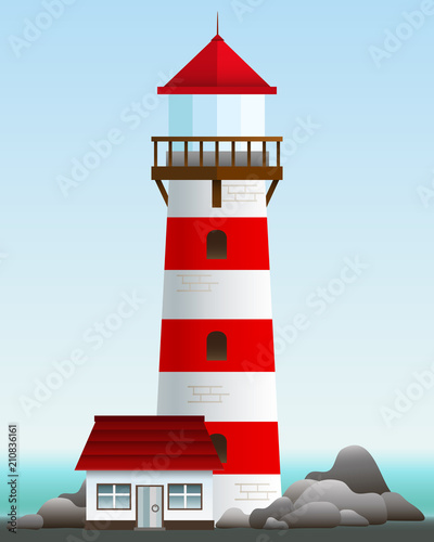 Cartoon lighthouse with house on the rock. Vector illustration. Landscape 