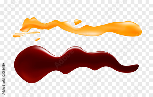 Vector illustration of different sauces isolated on a transparent background, mustard and soy sauce spots.