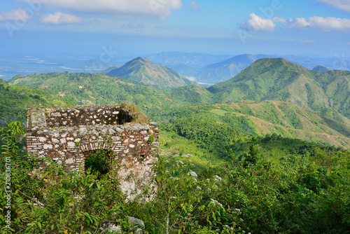 Mountain range over Haiti and remains of the French Citadelle la ferriere built on the top of a mountain