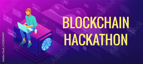 Isometric blockchain hackathon landing page concept. Blockchain developer with laptop as team member and problem solution illustration on ultraviolet background. Vector 3d isometric illustration